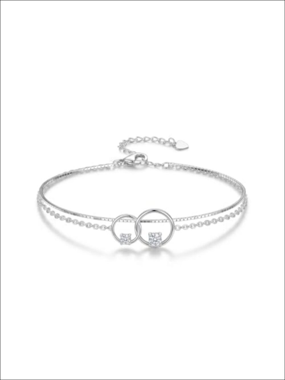 925 Sterling Silver Diamond Double Circle Anklet Layered Adjustable Chain